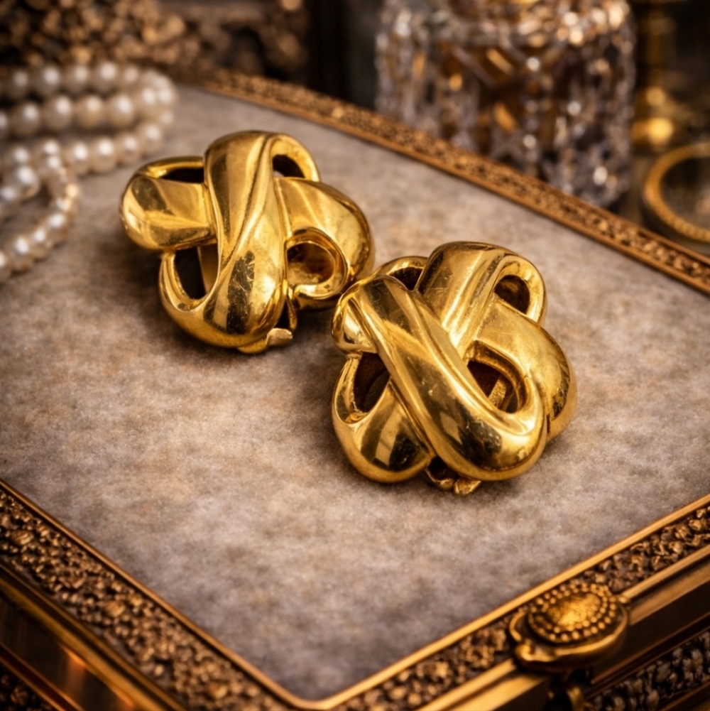 GIVENCHY Vintage 70s Gold Plated Sculptural Clip-On Earrings – Statement Retro